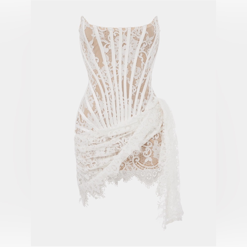 Heiress Beverly Hills White Lace Draped Corset Mini Dress, small